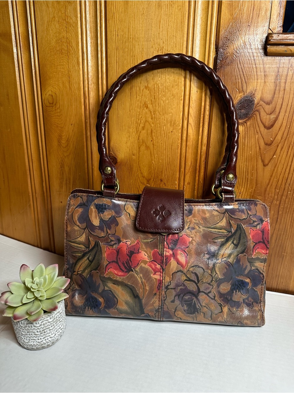 Patricia Nash Brown Hand-Painted Floral Shoulder Bag with Red Accents - Picture 1 of 16